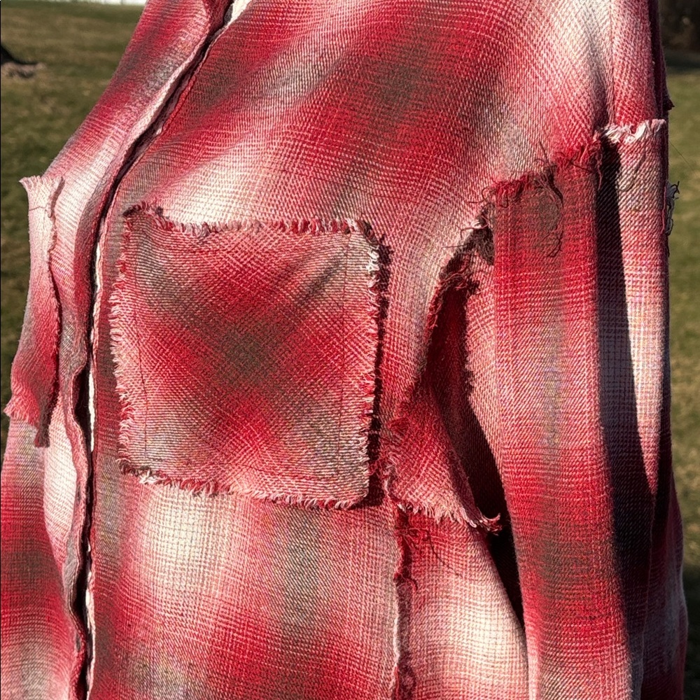 -POL Red Brown Bone Flannel Frayed Button Up Blouse Oversized Women’s Medium - Picture 9 of 13